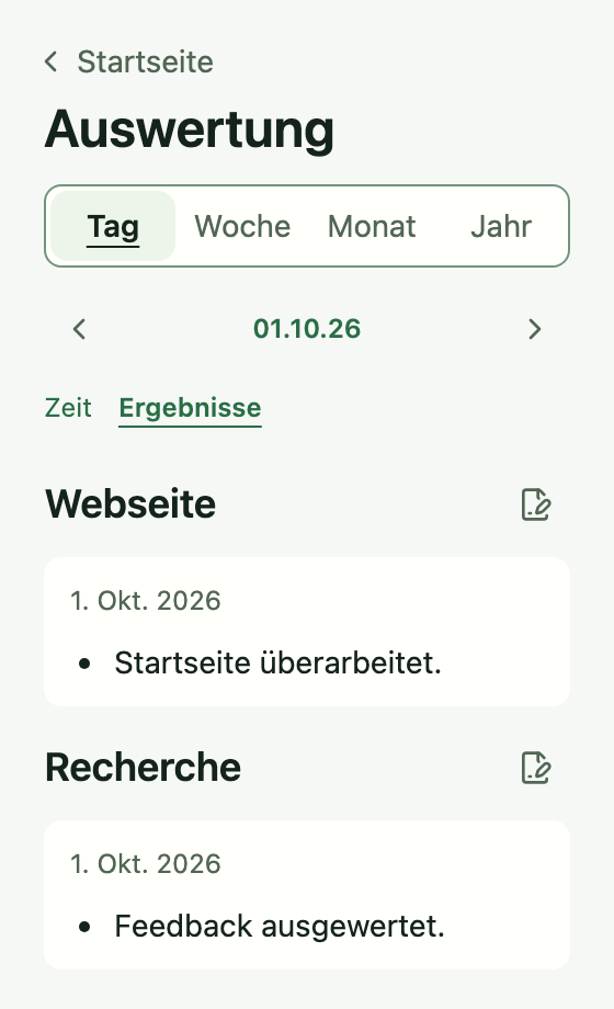 Tempo Ergebnisse für den 1. Oktober 2026 mit Notizen zu Webseite und Recherche nach Projekten gruppiert