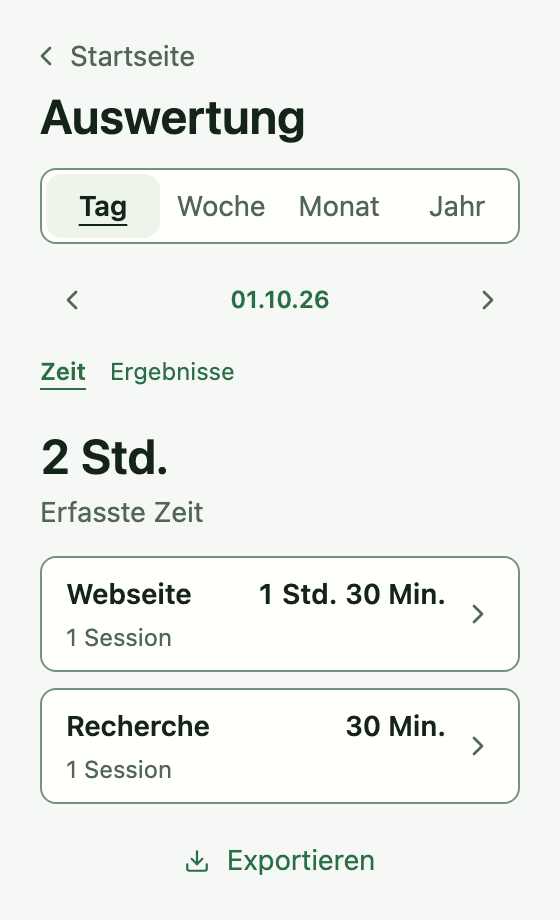 Tempo Zeitansicht für den 1. Oktober 2026 mit 2 Stunden für Webseite und Recherche