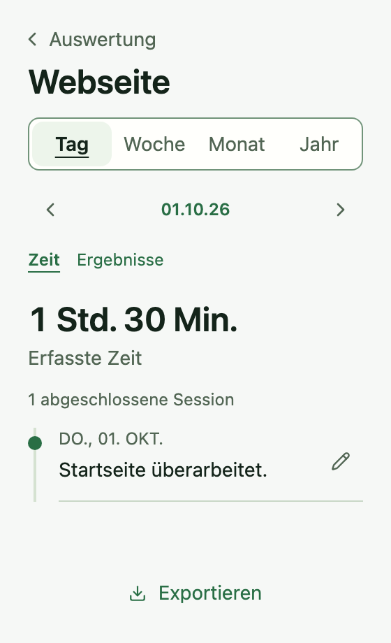 Webseiten-Verlauf für den 1. Oktober 2026 mit Zeitraumwahl und abgeschlossener Sitzungsnotiz