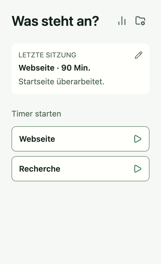 Tempo Startseite mit der letzten Webseiten-Session und zwei Projekten