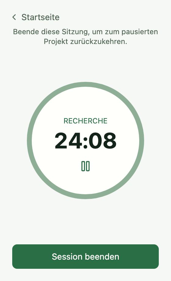 Tempo Unterbrechungstimer mit Hinweis zur Rückkehr zum pausierten Projekt