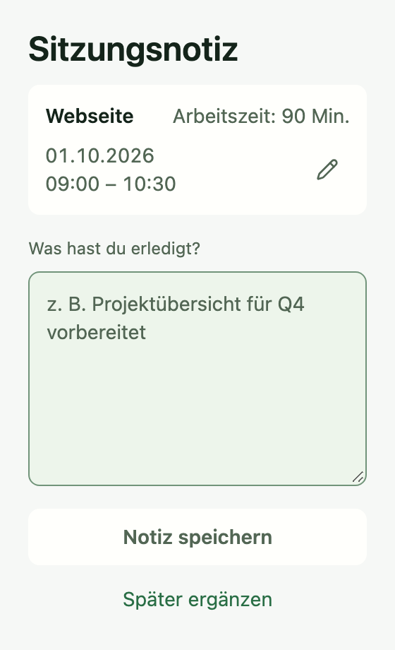 Tempo Editor für eine optionale Sitzungsnotiz mit Später ergänzen