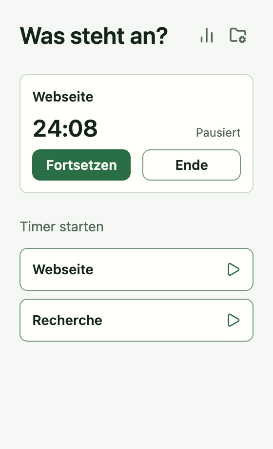 Tempo Startseite mit pausierter Webseiten-Session und Fortsetzen