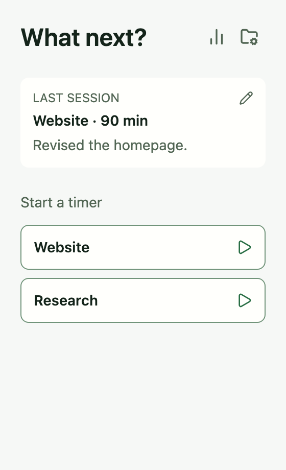 Tempo Home showing the latest Website session and two projects