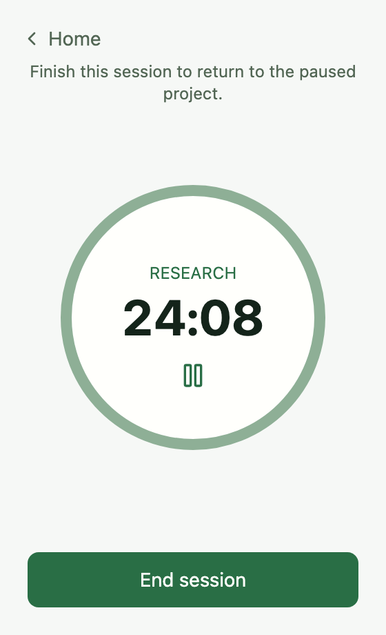 Tempo interruption timer explaining that finishing returns to the paused project