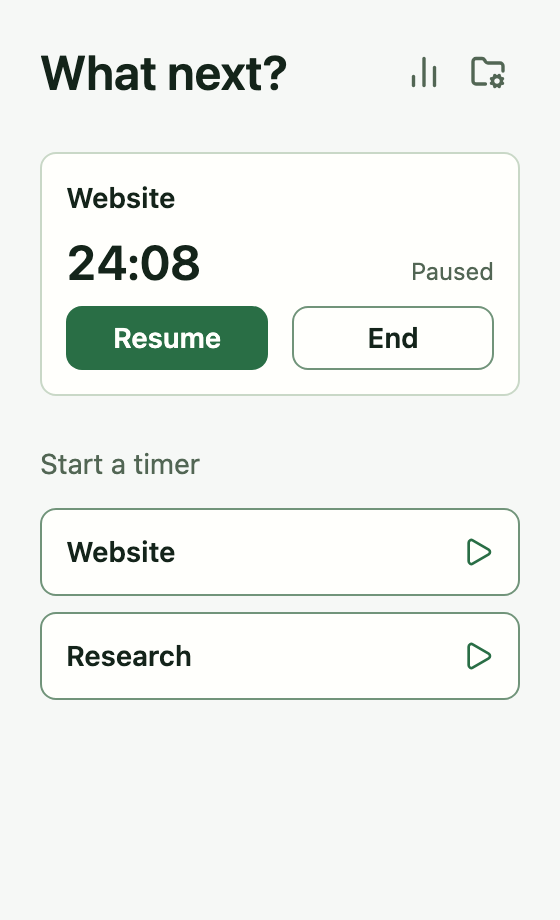 Tempo Home with Website paused and a Resume button