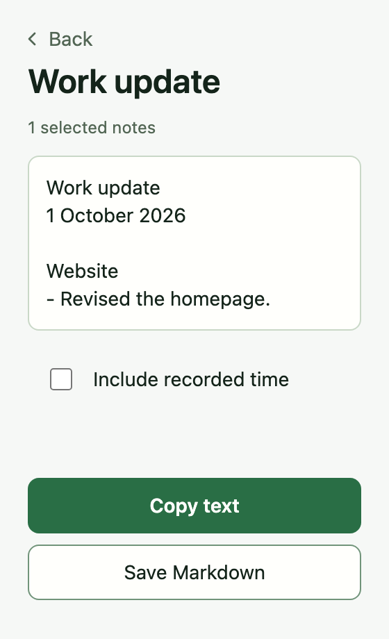 Work update preview with one selected Website note, optional recorded time, Copy text and Save Markdown