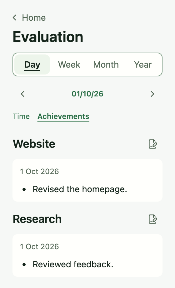 Tempo's daily achievements view showing notes for Website and Research projects